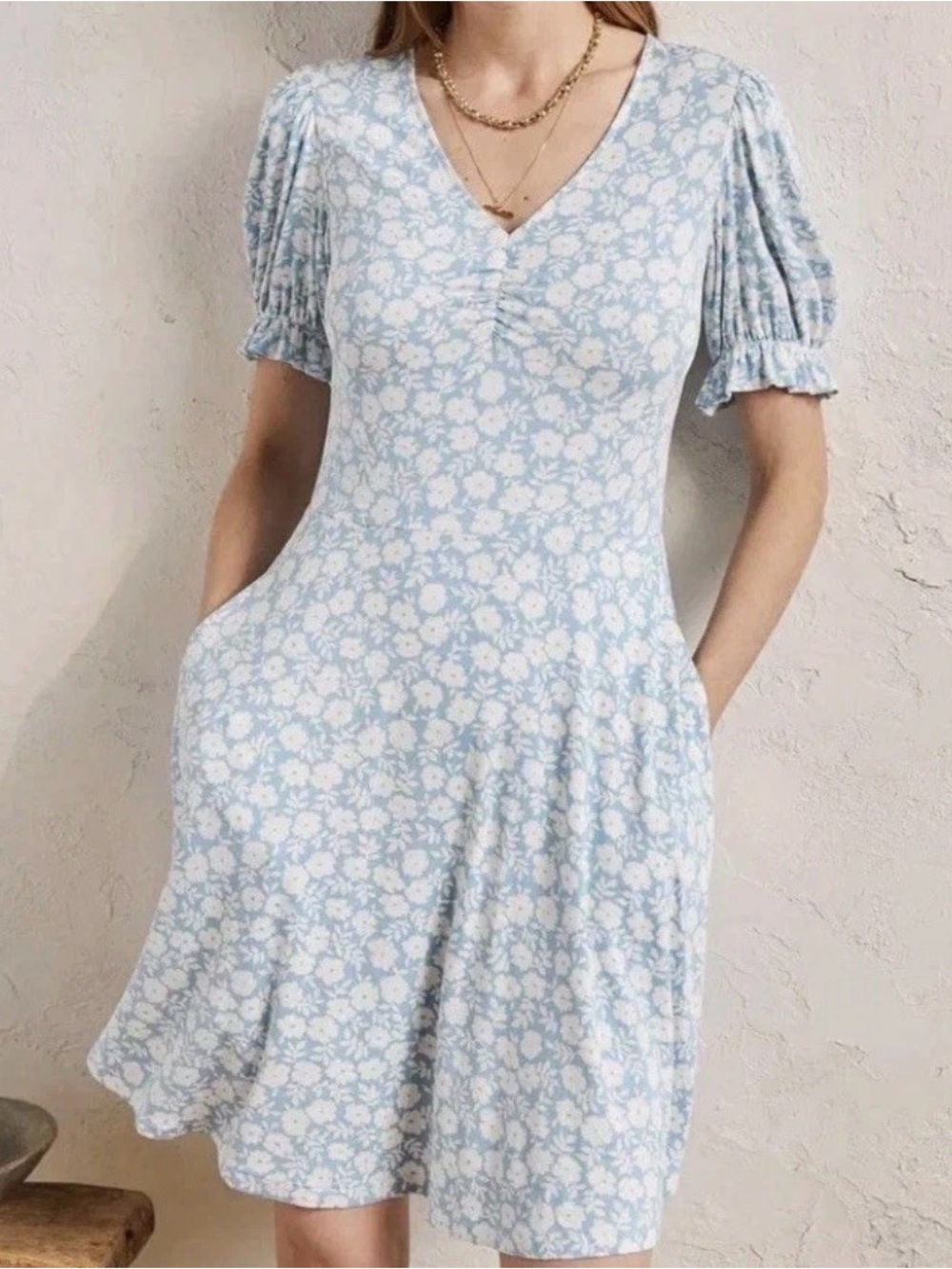 Boden Cottagecore Blue White Floral Mini Dress 2 EcoVero Coquette Preppy Coastal